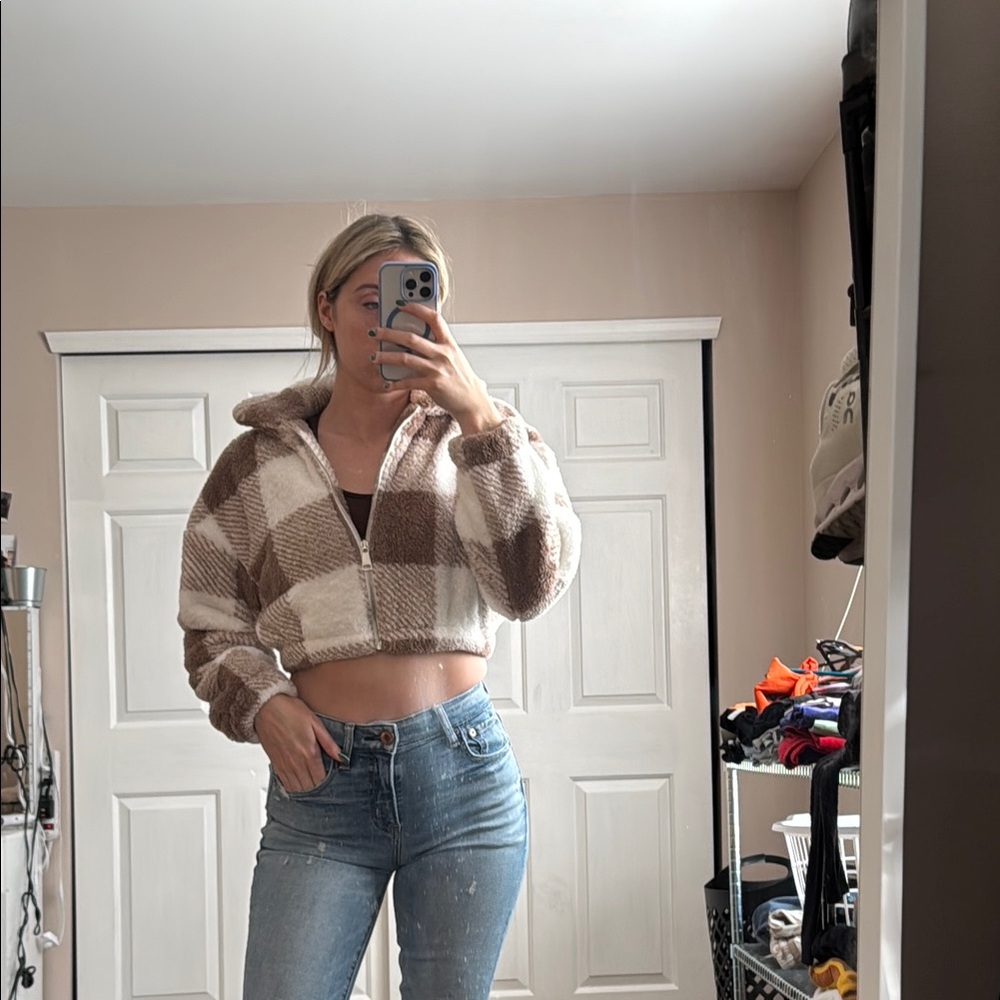 Plaid Cropped Fleece Jacket